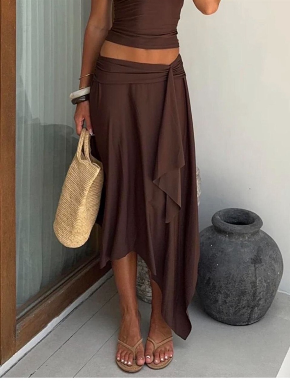 White Fox Boutique Brown Asymmetrical Midi Skirt